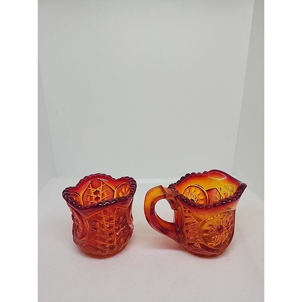 Vtg. L.E.Smith MINIATURE AMBER Star Pattern Mini 2" SUGAR BOWL & CREAMER Set